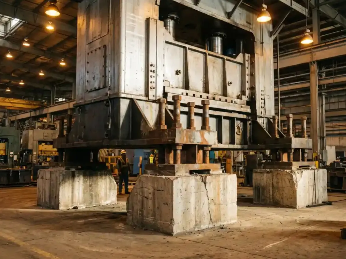 A large industrial press standing on concrete pedestal footings inside a plant