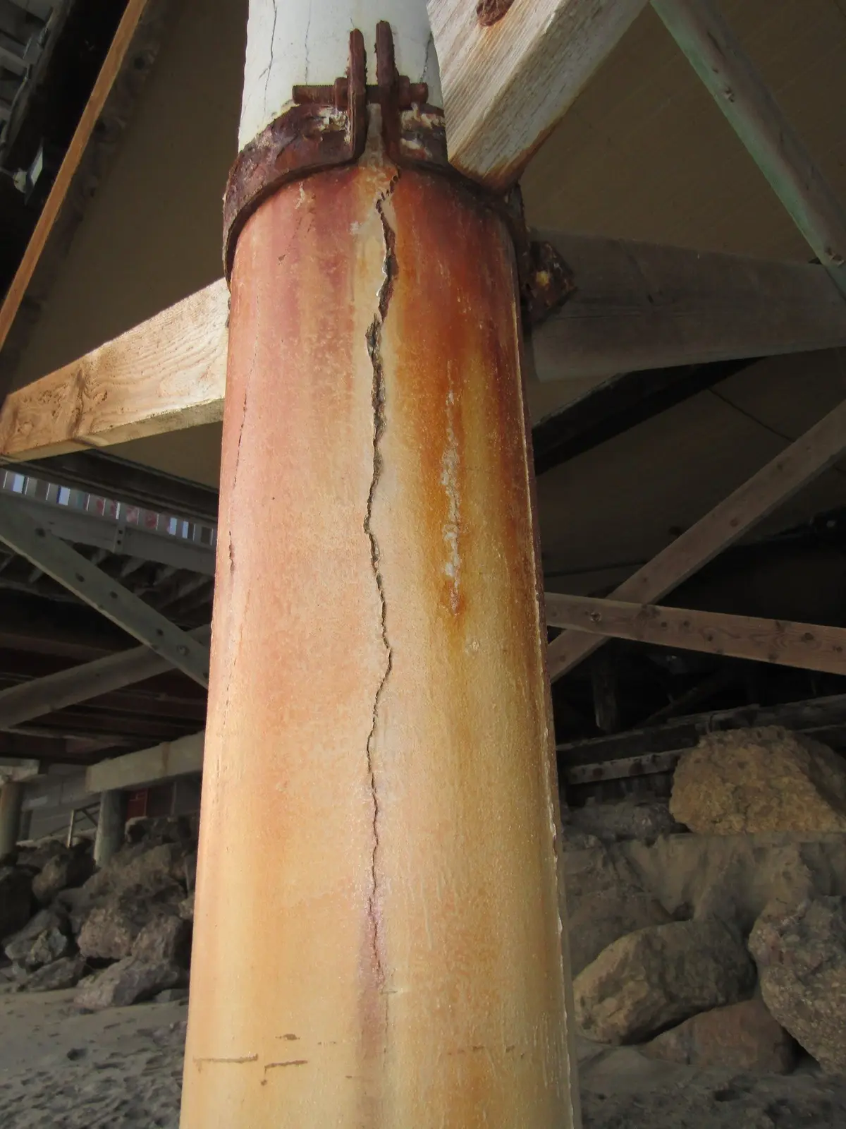 A timber pile under a beach house, being tested